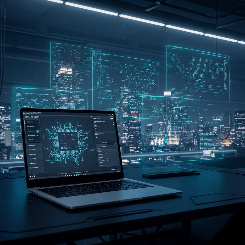 토지노솔루션 도입 방법을 기반으로 표현된 노트북 화면과 패턴 분석 패널 장면