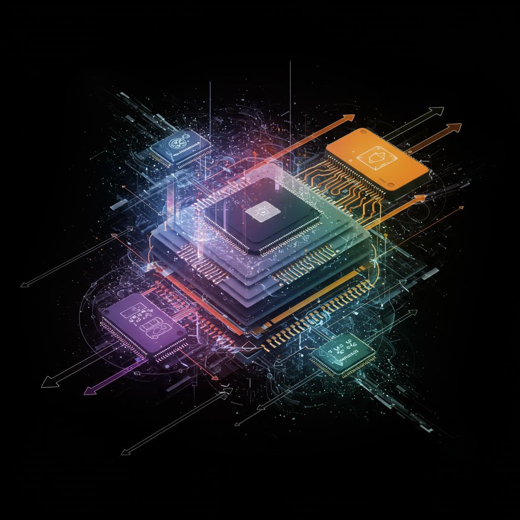 클라우드 환경에서 알파벳 기반 연산 구조와 네트워크 확장을 시각화한 일러스트