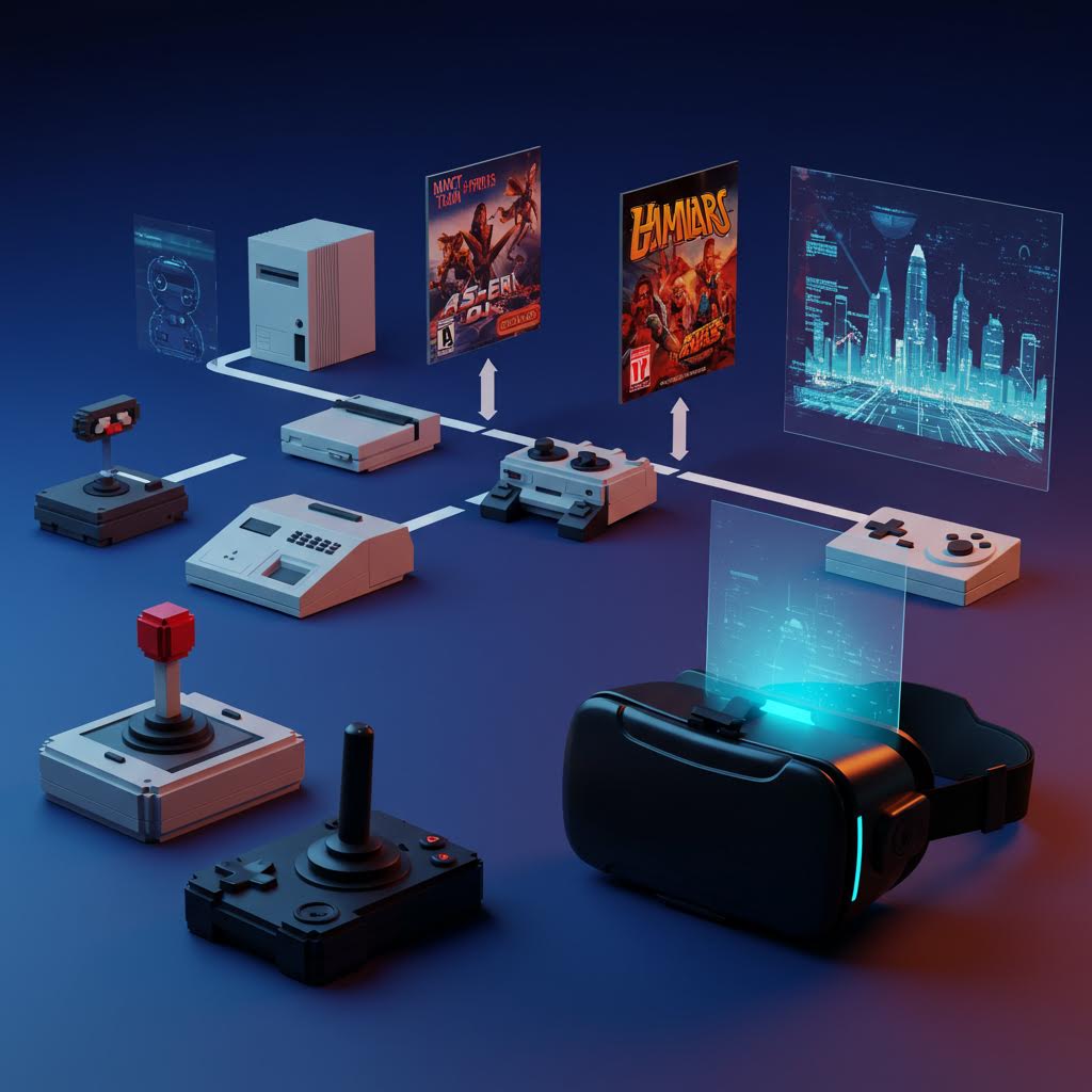 고전 콘솔에서 최신 가상현실 장치로 이어지는 흐름은 루믹스를 빗댄 진화적 구축의 상징이 드러나는 장면