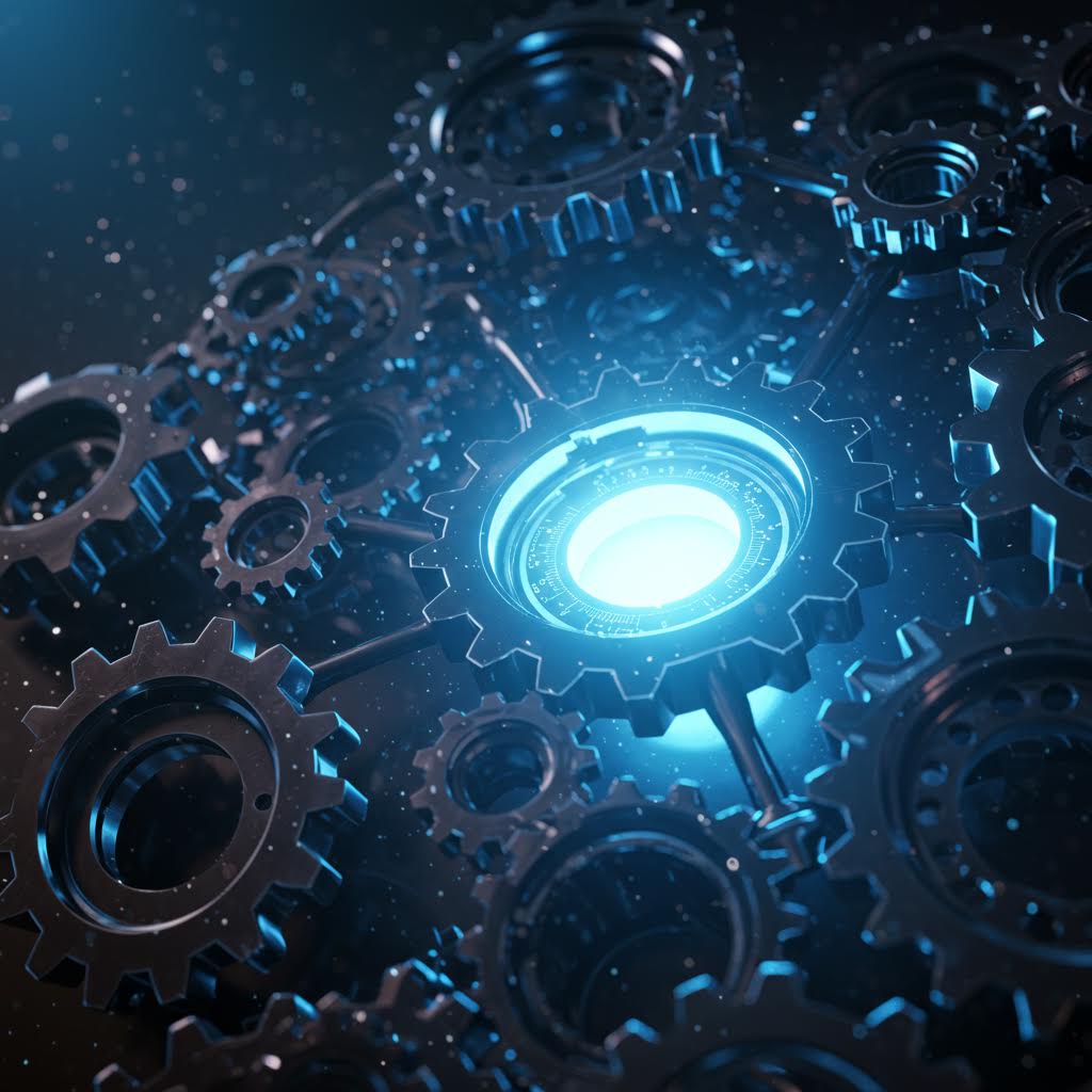 기계적 톱니 구조 속에 자리한 발광 장치가 루믹스를 떠올리게 하는 혁신적 시스템 구축의 의미를 드러내는 화면