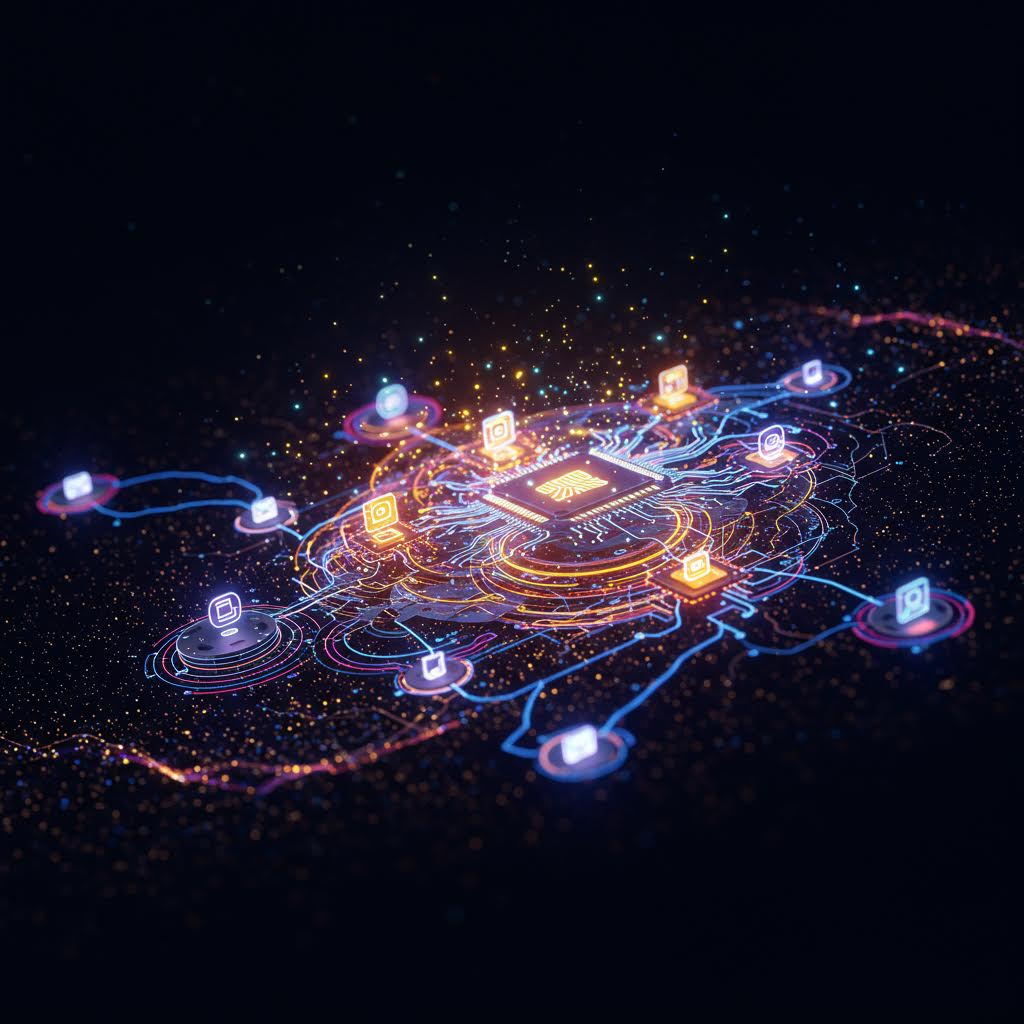 중앙 프로세서를 중심으로 네트워크가 퍼져나가는 디지털 보안 생태계를 표현하며 루믹스의 검증 안내 플랫폼을 은유한 이미지