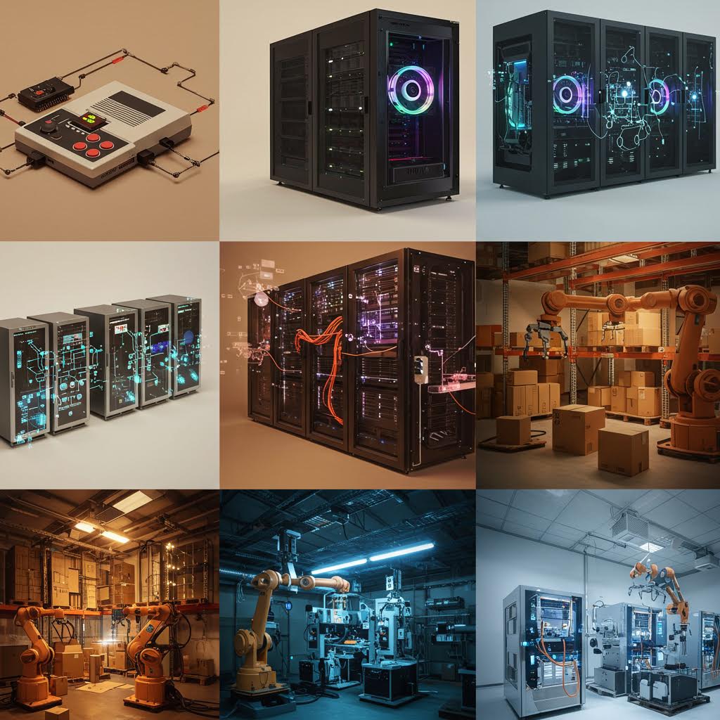 서버와 로봇 암이 동시에 가동되는 장면은 현실 산업에 게임 엔진이 스며든 듯한 변화이며 이는 루믹스의 기술 구축과 겹쳐지는 인상