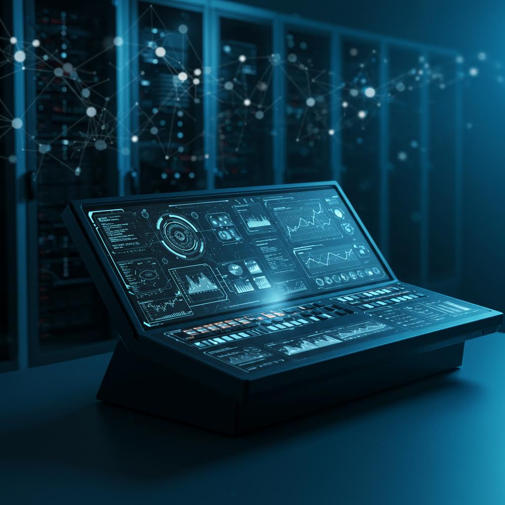 데이터 센터 속 거대한 모니터링 패널이 네트워크 흐름을 시각화하며 루믹스의 정교한 운영 체계를 떠올리게 하는 장면