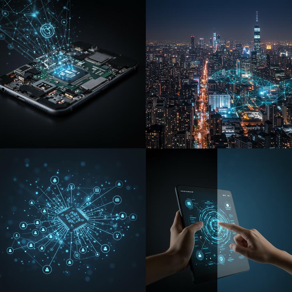 고층 빌딩이 가득한 야경 속에서 가상의 연결망이 펼쳐져 도시 전체가 하나의 데이터 흐름으로 묘사된 모습