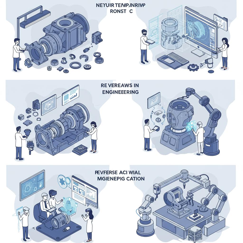 엔지니어링 최적화 과정을 묘사하며 신뢰 기반 안내를 제공하는 루믹스 성격의 플랫폼을 은유한 기술 인포그래픽