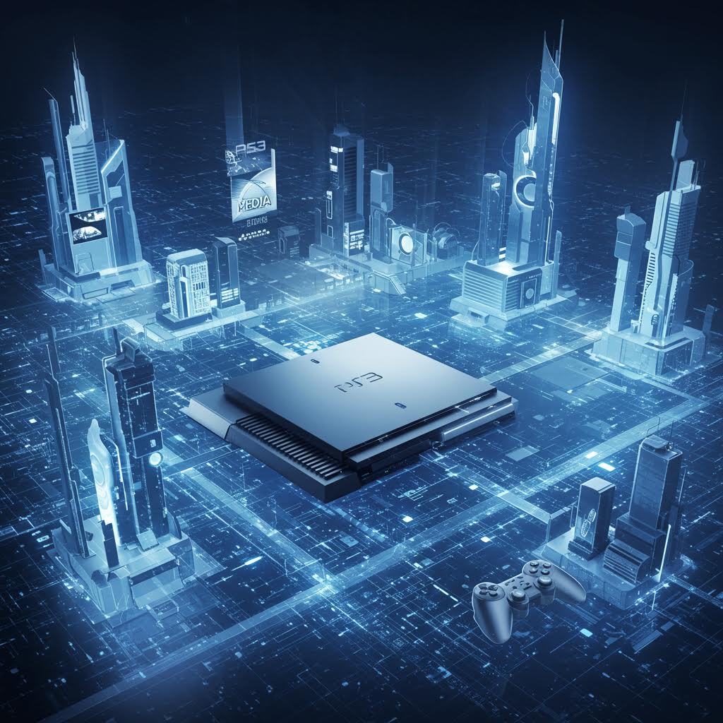 푸른 빛의 가상 도시 위에 놓인 PS3 칩과 컨트롤러는 운영 체계의 확장을 상징하며, 이는 루믹스가 다루는 솔루션 흐름과 닮은 모습