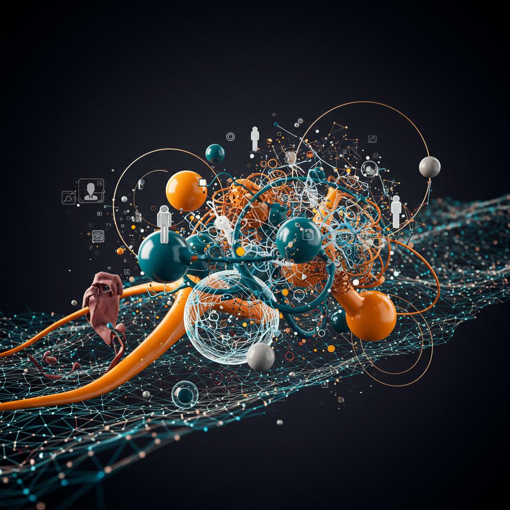 복잡한 디지털 구조와 다양한 요소가 교차하는 그래픽 속에 루믹스 솔루션 기반 분석 체계가 표현된 그림