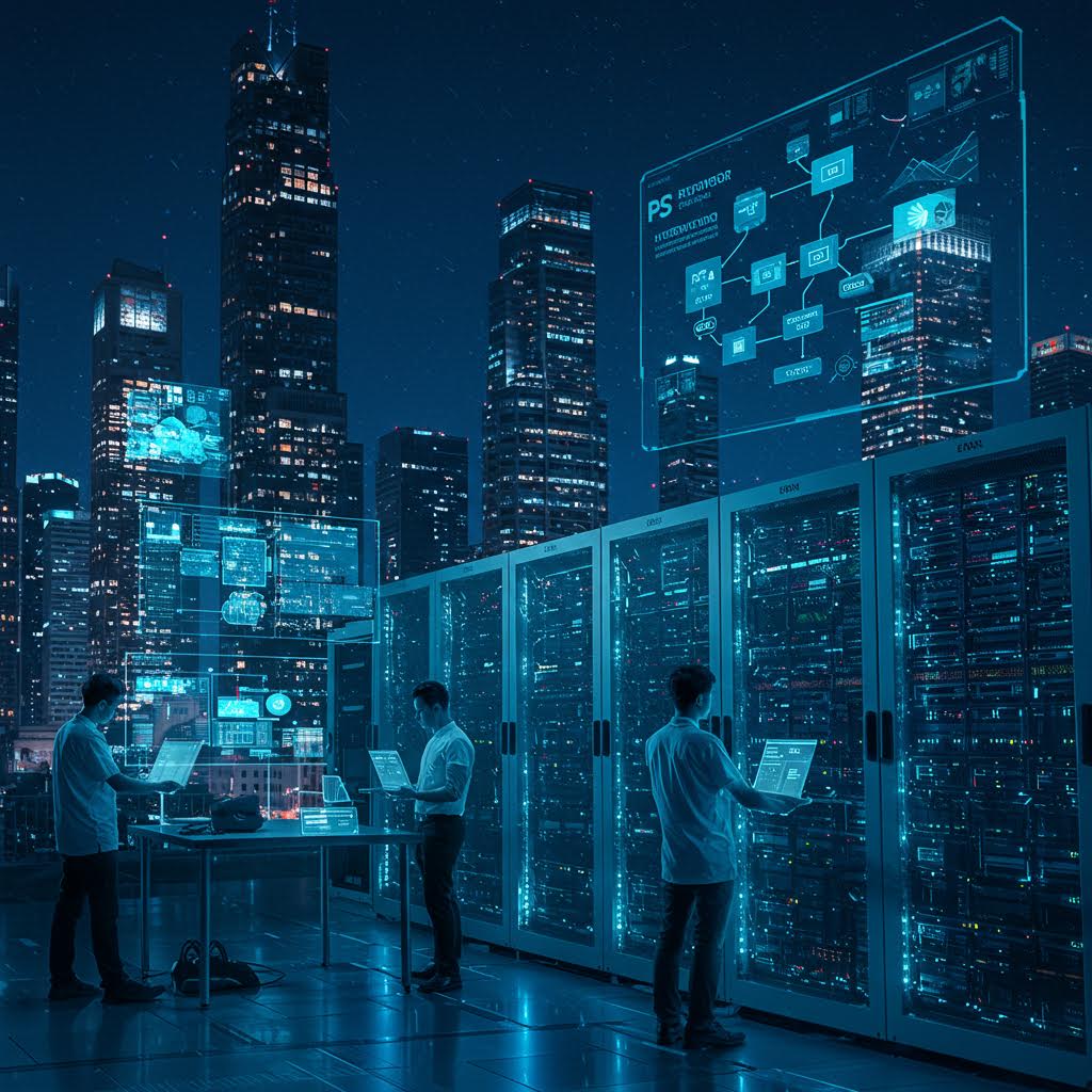 도시의 빛나는 데이터 흐름 속에서 서버를 가로지르는 루믹스 같은 투명한 연결의 메타포