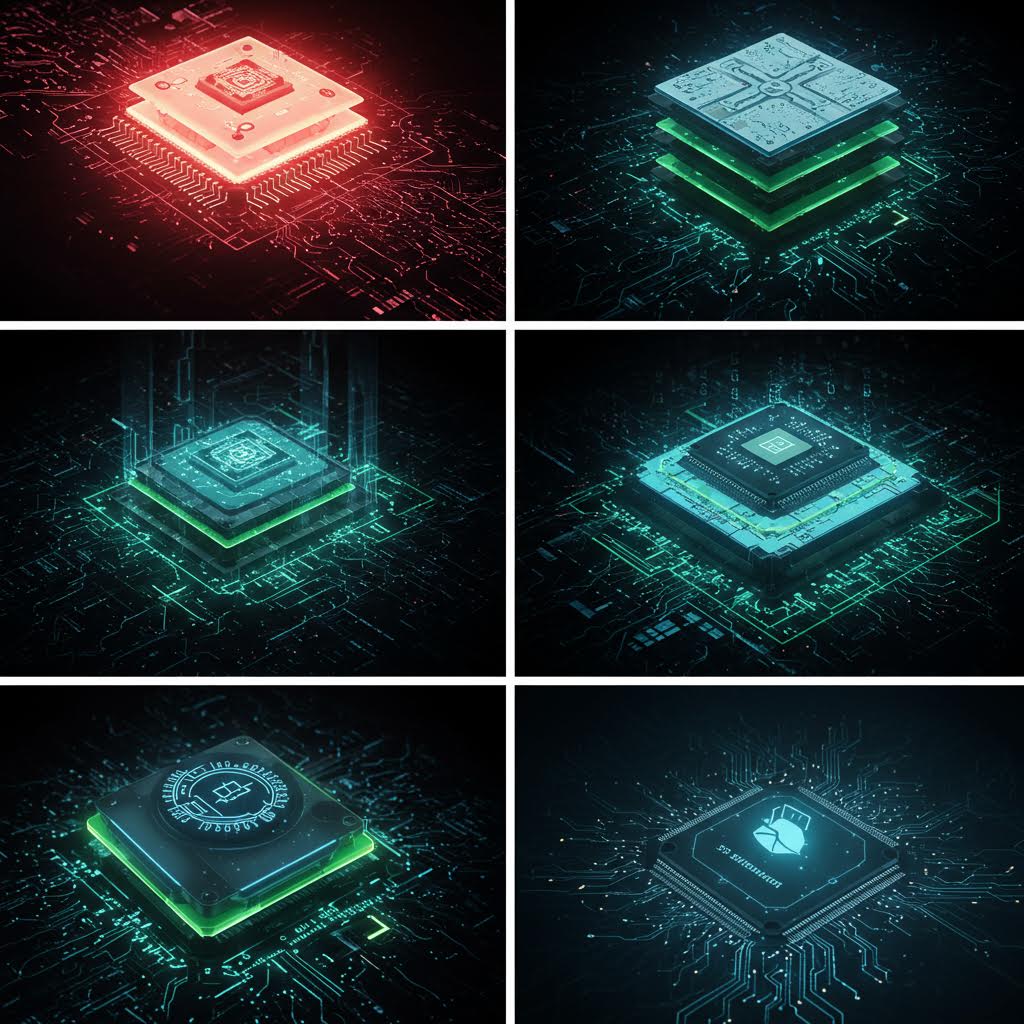 정밀하게 설계된 마이크로칩들이 네트워크와 연결되며 루믹스의 통합적 확장성을 드러내는 흐름