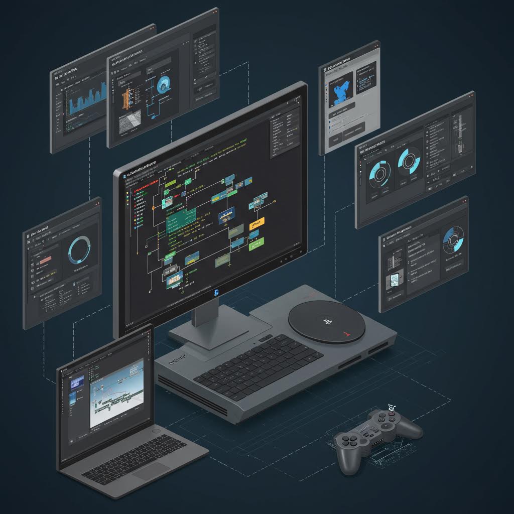 분석 화면과 서버가 겹쳐지는 공간에 루믹스 같은 투명한 파동이 스며든 듯한 이미지