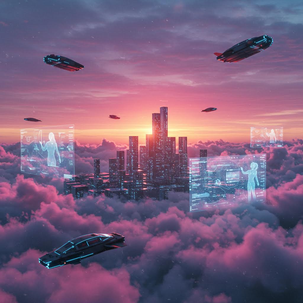 미래형 도시 위로 비행체가 떠다니며 데이터 흐름을 시각화한 장면, 루믹스가 안내하는 검증 솔루션을 은유한 이미지