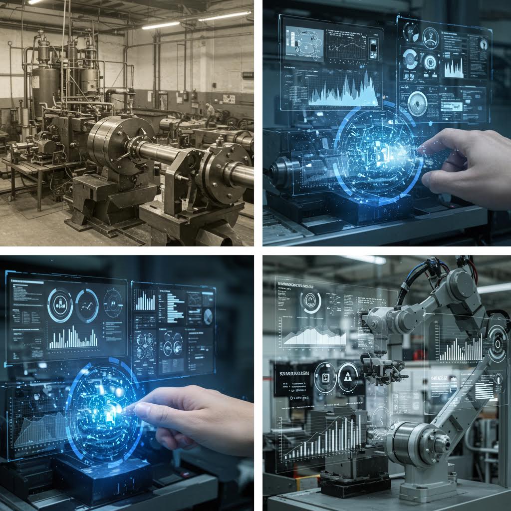 로봇과 데이터 패널이 함께 작동하는 순간이 루믹스를 은유하며 산업 시스템의 통합적 구축을 상징하는 모습