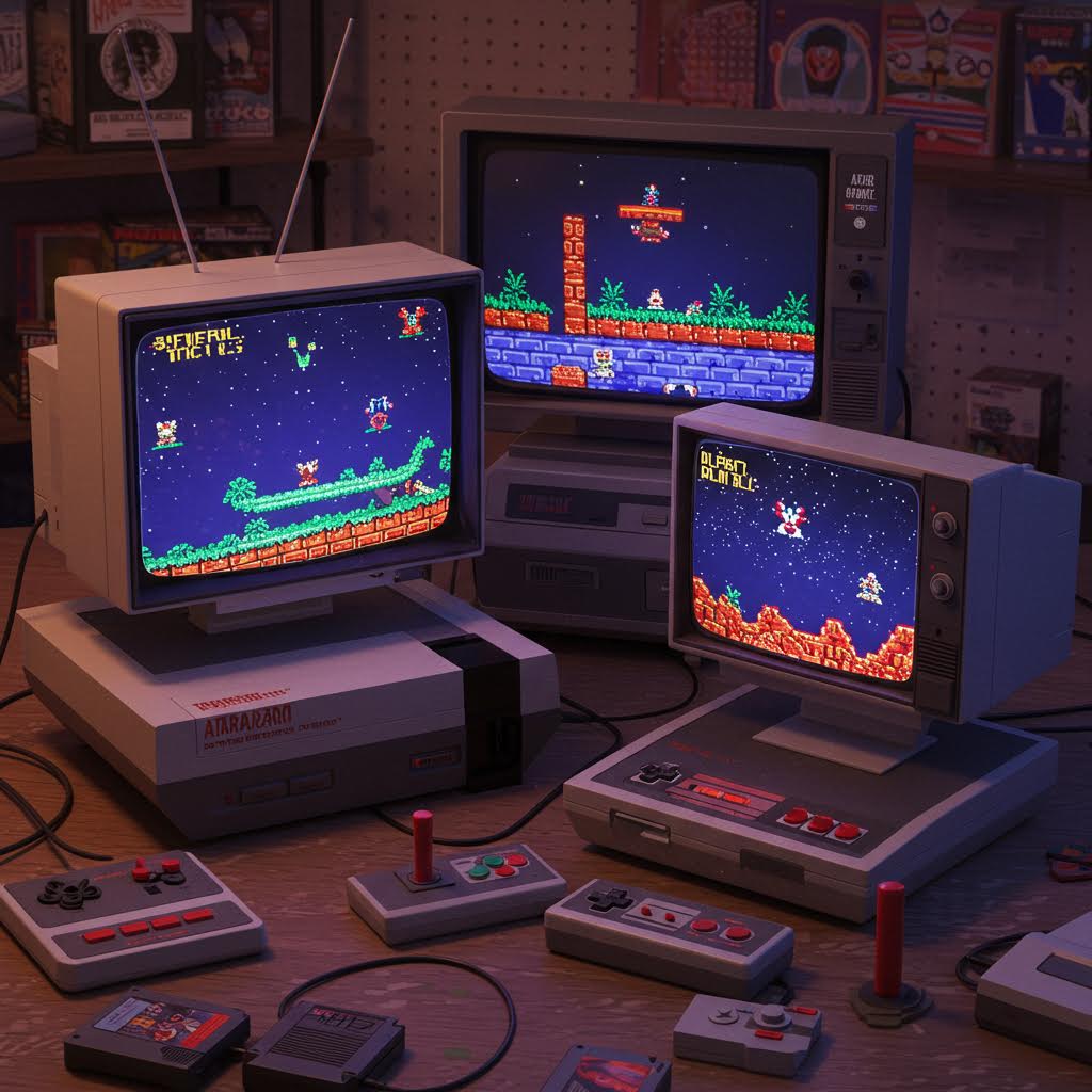 낡은 키보드와 컨트롤러 위에 펼쳐진 화려한 게임 장면이 시간의 층위를 넘어 이어지는 흐름