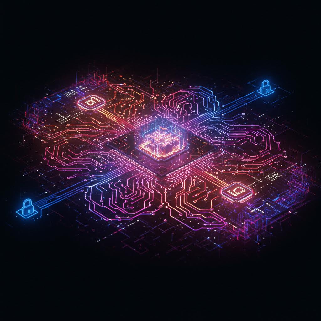 네온빛 선들이 교차하며 자물쇠 아이콘으로 이어지는 구조 속에서 보안의 흐름을 드러내는 장면