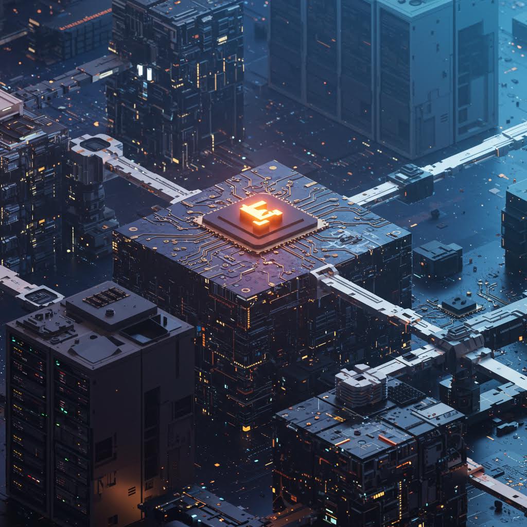 거대한 도시 구조 위에 빛나는 중앙 칩은 루믹스를 떠올리게 하는 솔루션의 심장이 드러나는 장면