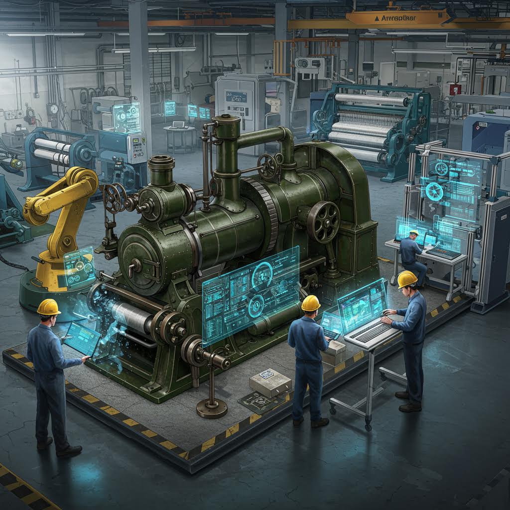 거대한 산업용 기계 주변에서 기술자들이 홀로그램 데이터를 확인하며 정밀 제어를 수행하는 스마트 공정의 순간