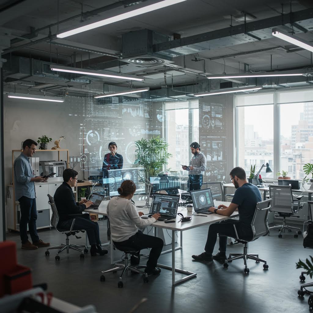 현대적인 오피스 공간에서 여러 사람이 노트북과 홀로그램 디스플레이를 보며 협업하는 장면. 벽면과 공중에 투사된 그래프, 차트, 다이어그램 등 데이터 시각화 요소가 가득하며, 자연광이 들어오는 창문과 식물이 조화를 이룬다.