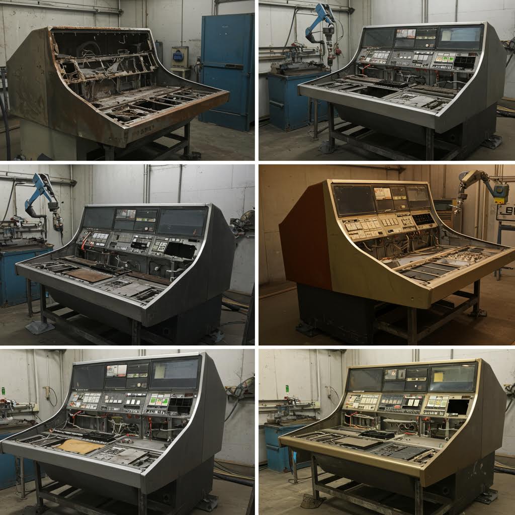 낡은 제어판 위로 새로운 회로가 깨어나며 루믹스의 구축 기술이 복원의 서사를 이어가는 순간