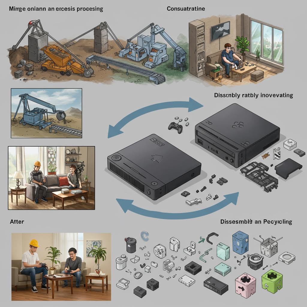 금속 채굴에서 제품 조립까지 이어지는 산업 공정을 도식화한 일러스트로, 순환 설계와 재활용 과정을 한눈에 보여주는 장면