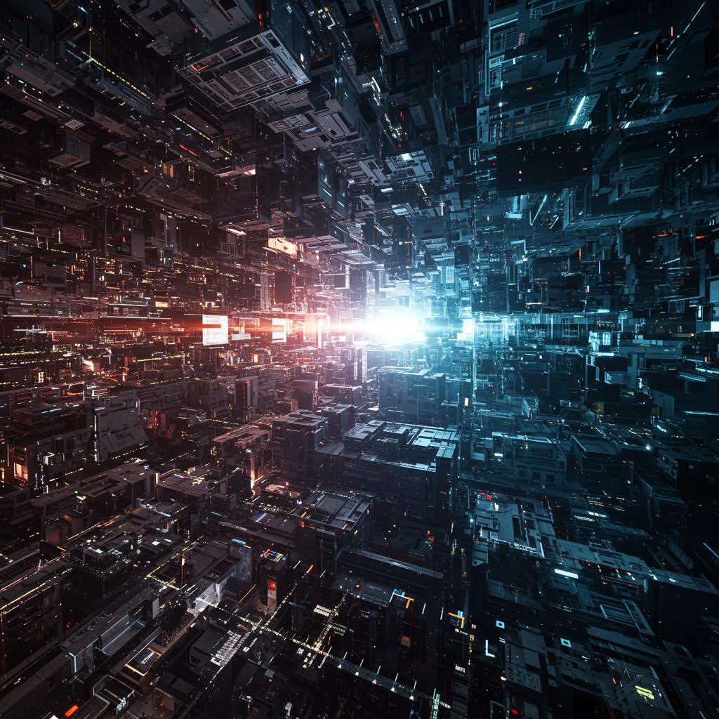 빛의 격자가 끝없이 이어지는 가상 도시 속에서 루믹스의 구축 미학이 디지털 심층을 그려내는 장면