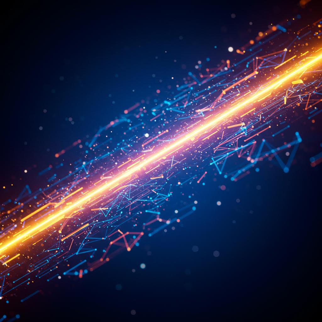 전자 회로의 빛줄기가 공간을 가르며 루믹스솔루션의 데이터 예측 흐름이 생명처럼 이어지는 순간