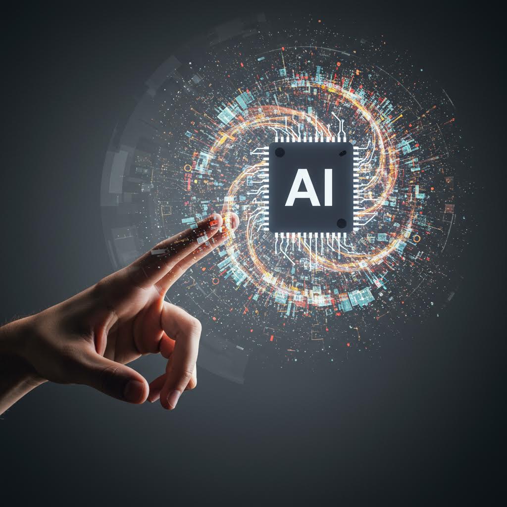 어두운 배경 속 손가락 끝이 닿을 듯한 곳에 'AI'가 새겨진 검은색 칩이 떠 있고, 칩 주위를 회전하는 화려한 회로 패턴과 빛나는 데이터 입자들이 폭발하듯 퍼져 나가며 인공지능의 활성화와 연결성을 상징.
