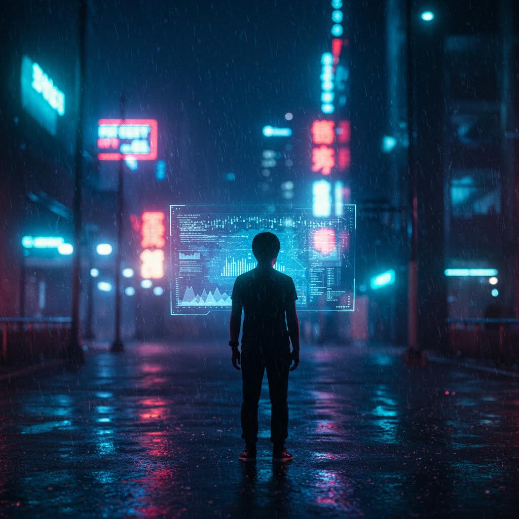 비 내리는 도시 속 홀로 선 인물과 홀로그램 화면이 어우러져 루믹스솔루션의 보안 연구가 빛을 발하는 장면