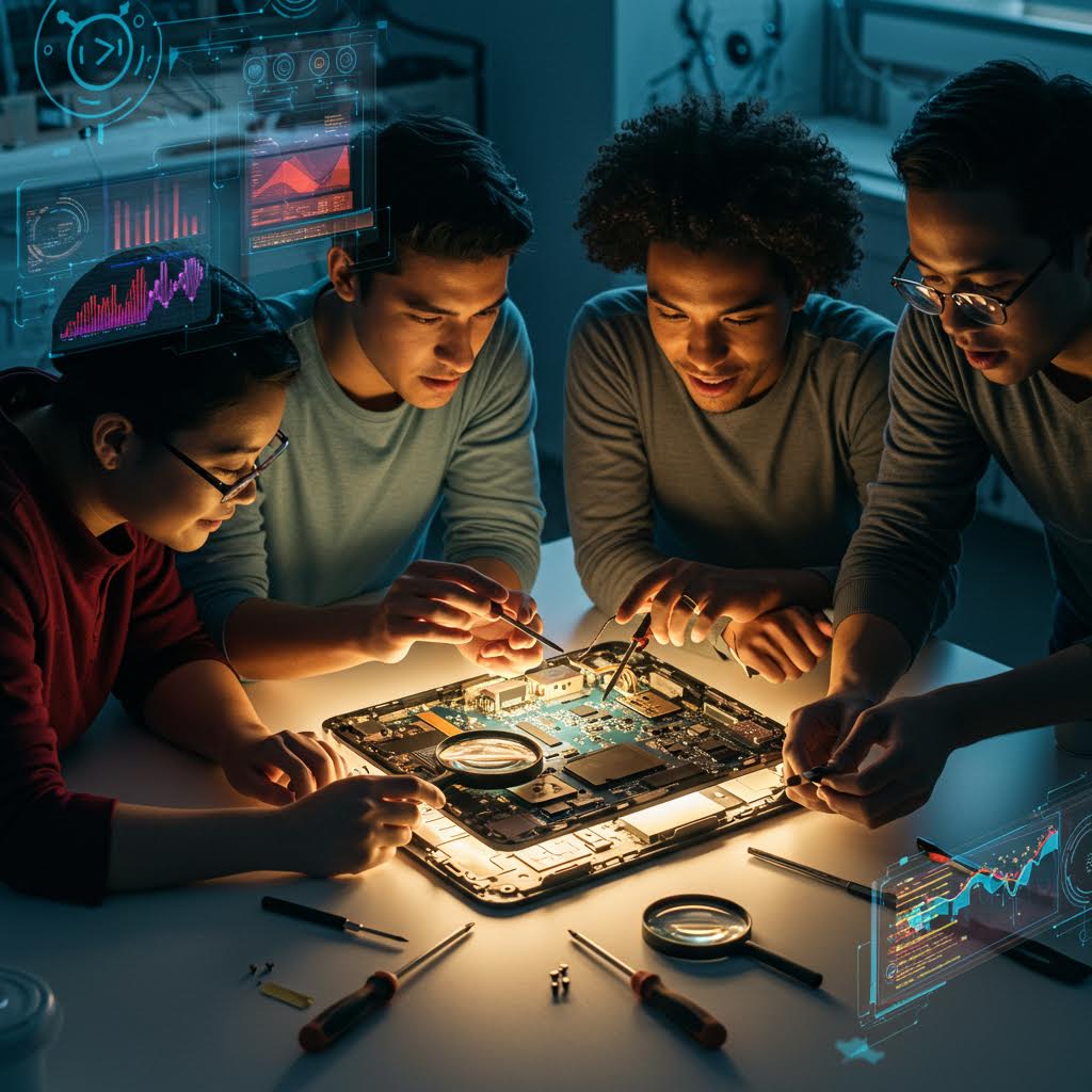 젊은 청년들의 시선이 하나의 회로에 모이며 루믹스의 운영 철학이 협업의 온기로 스며드는 순간