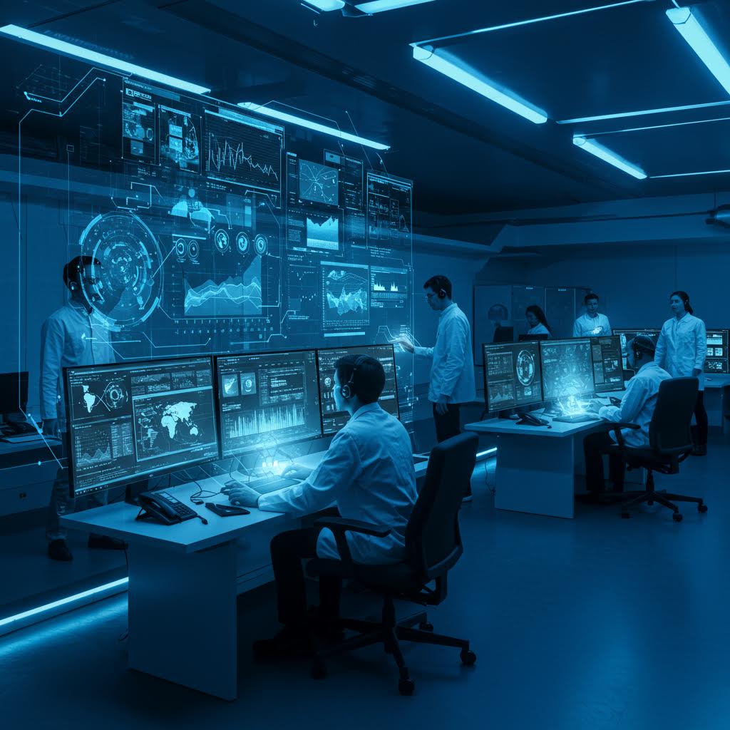 푸른 빛의 실험실에서 수많은 그래프가 떠오르고, 연구원들의 시선이 한곳에 모여드는 정밀한 순간