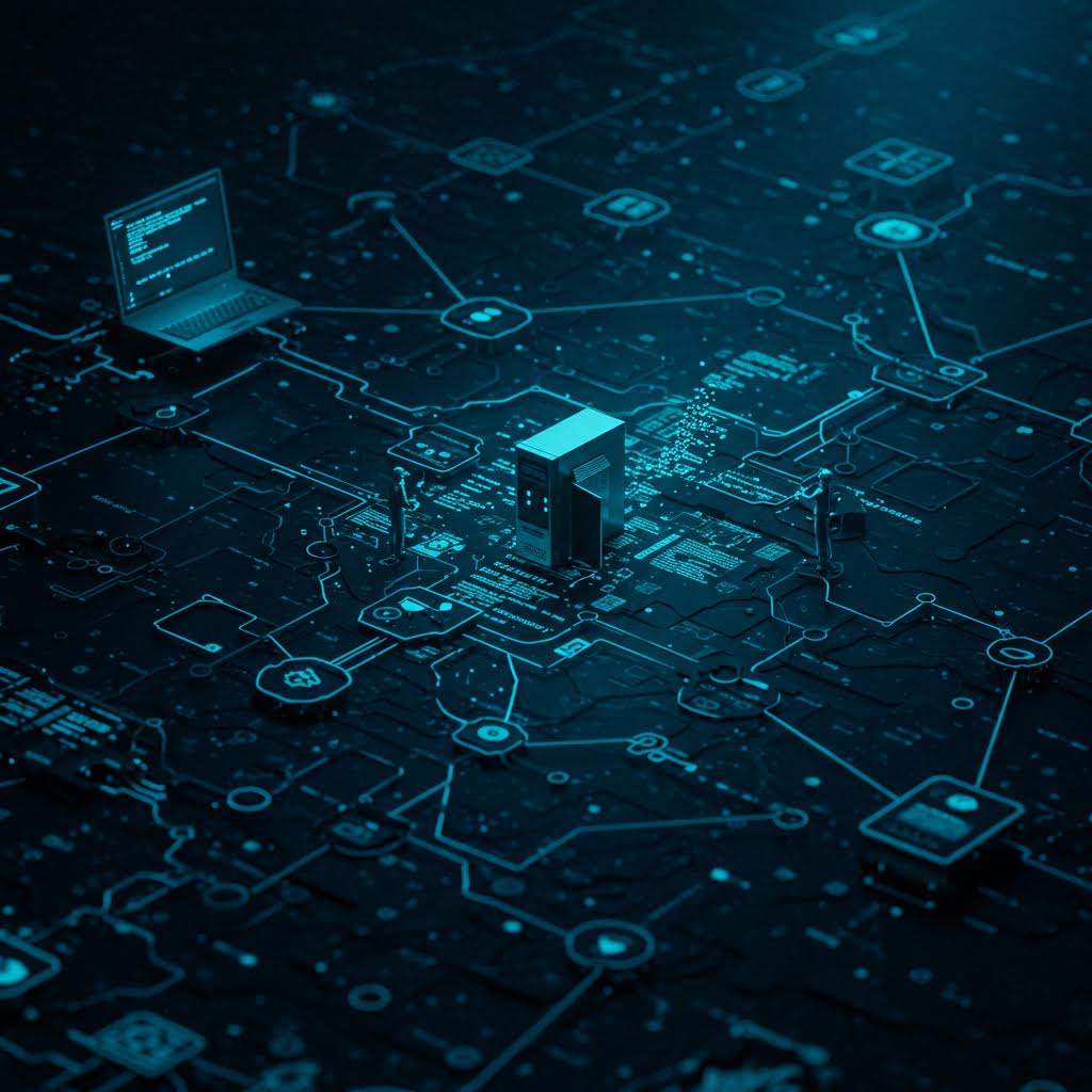 미세한 회로망 사이로 데이터의 불빛이 루믹스의 구조를 닮아 유기적으로 연결되는 기술적 순간