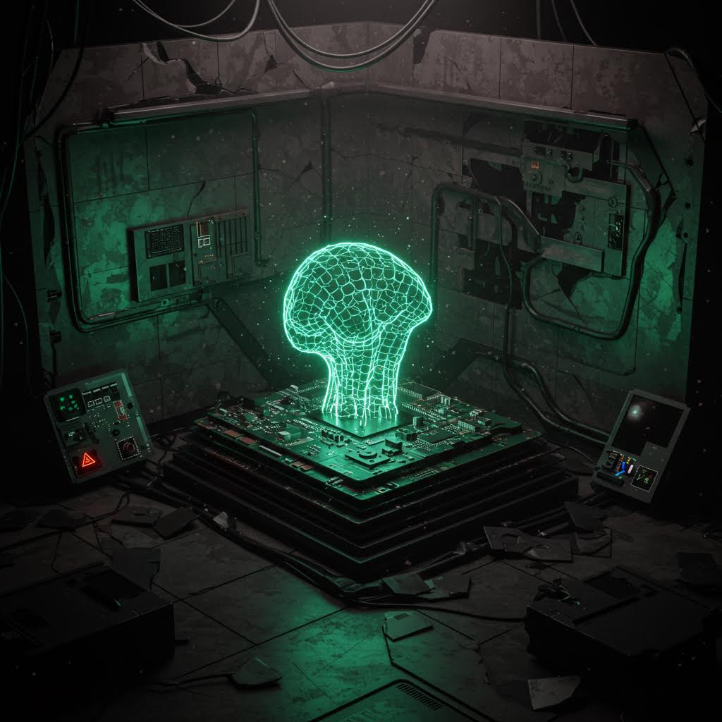 어두운 실험실 속 회로판 위로 떠오른 홀로그램 버섯 형상이 루믹스를 빗댄 구축적 상징으로 비춰지는 인상