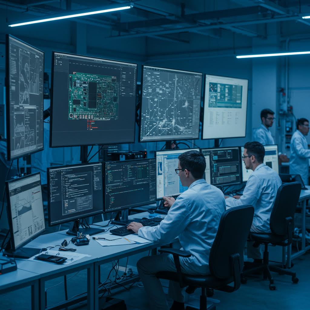 차가운 조명 아래 겹쳐진 회로와 지도 화면들이 미래형 설계도를 닮아 루믹스가 스며드는 순간