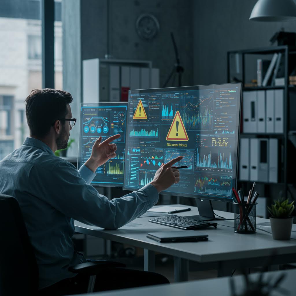 복잡한 그래프와 데이터 경고가 얽힌 화면 속에서 위기와 해석이 교차하며 솔루션의 이미지를 빗대어 루믹스를 드러내는 모습