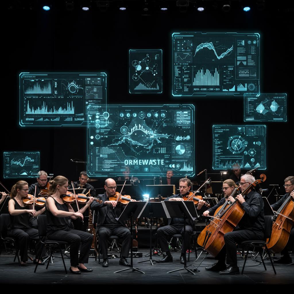 오케스트라의 현악 연주 위로 데이터 시각화 패널이 떠오르며 루믹스를 연상케 하는 조율된 흐름이 교차하는 장면