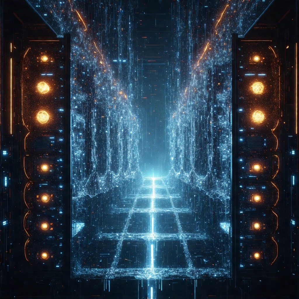 푸른빛 데이터 입자가 흐르는 미래형 서버 룸을 묘사한 장면으로, 고성능 연산 환경을 연상시키는 이미지