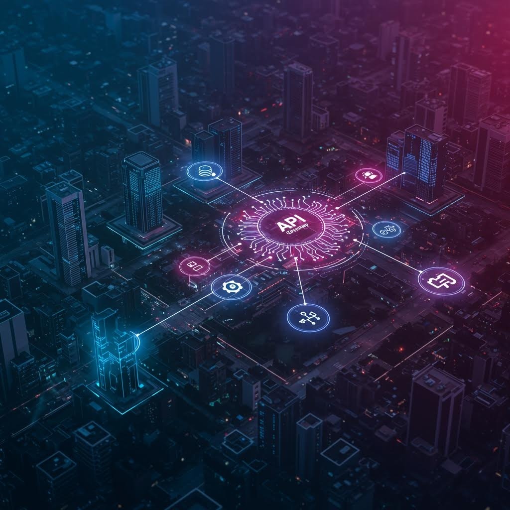 루믹스솔루션 API 게이트웨이와 스마트시티 연동을 나타낸 콘셉트 이미지.