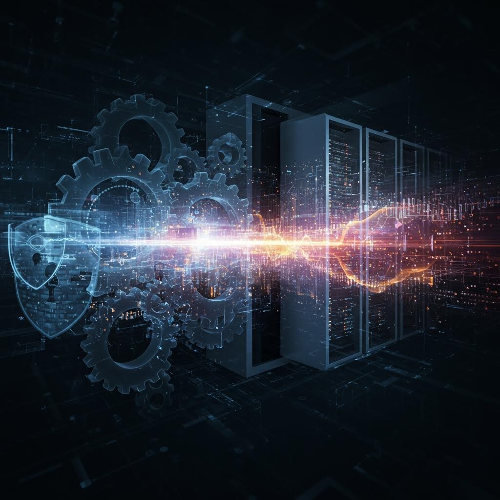 루믹스 데이터 센터 보안 및 운영 안정성을 표현한 미래 지향적 이미지.