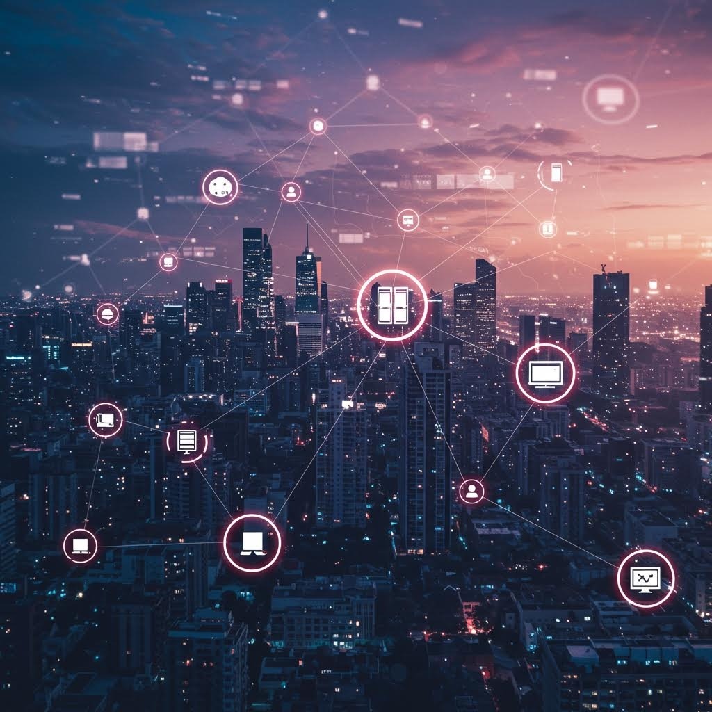 일몰 도시 스카이라인 위에 빛나는 선으로 연결된 컴퓨터·서버·스마트폰·사용자 아이콘 네트워크 – 스마트 시티 디지털 연결성 비전.