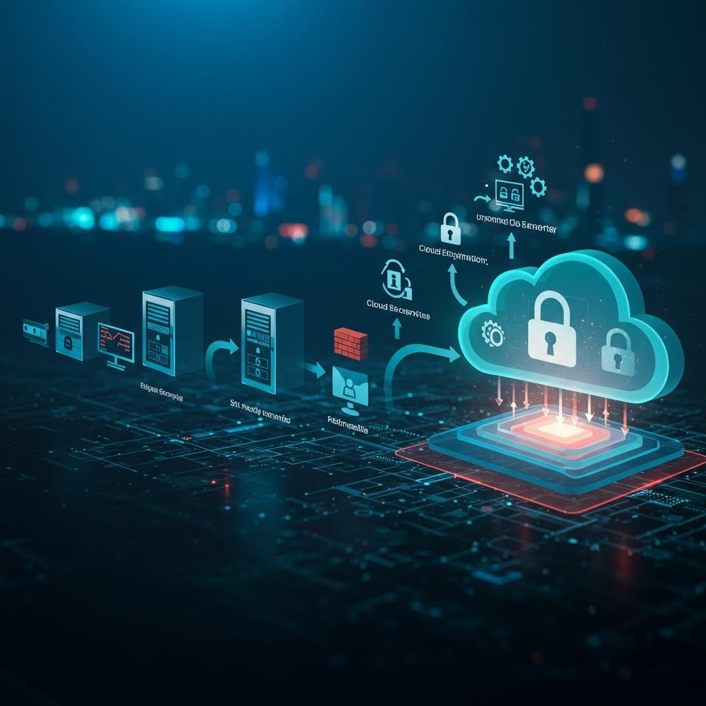 서버 → 방화벽 → 사용자 → 클라우드 보안 → 암호화 클라우드까지 단계별 흐름, 잠금·키 아이콘 강조된 클라우드 보안 아키텍처 다이어그램.