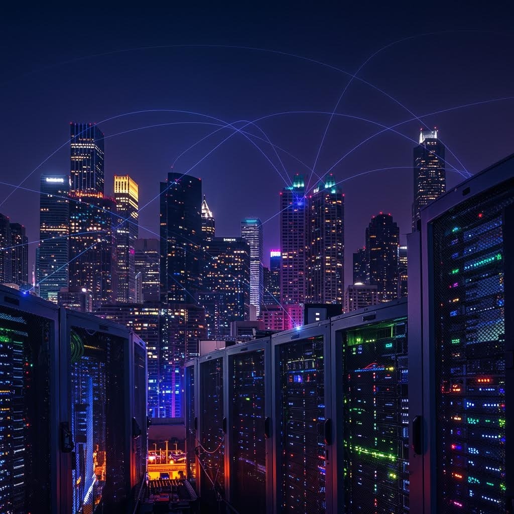 상단: 물리 서버 보드와 드론 연결 네트워크; 하단: 홀로그램 큐브 서버와 도시 전경 – 엣지 컴퓨팅·IoT 통합 인프라 콜라주.