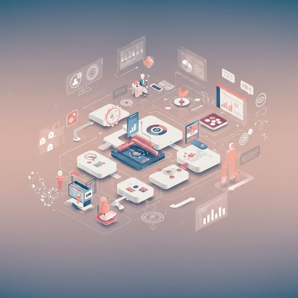 루믹스 디지털 대시보드와 데이터 분석 워크플로우를 보여주는 3D 일러스트.