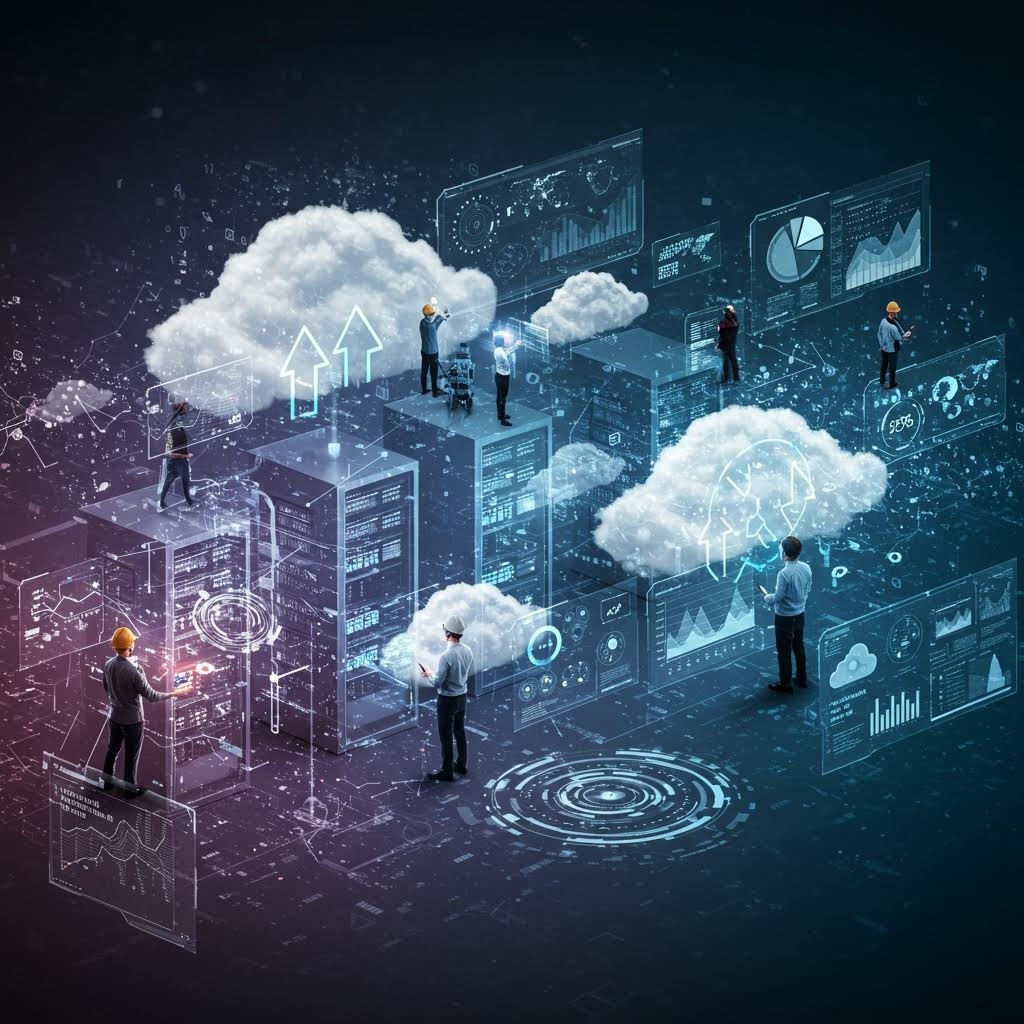 미래 데이터센터 위에 떠 있는 구름, 엔지니어들이 홀로그램 그래프·서버 랙·클라우드 아이콘 조작하는 SF 스타일 클라우드 컴퓨팅 장면.