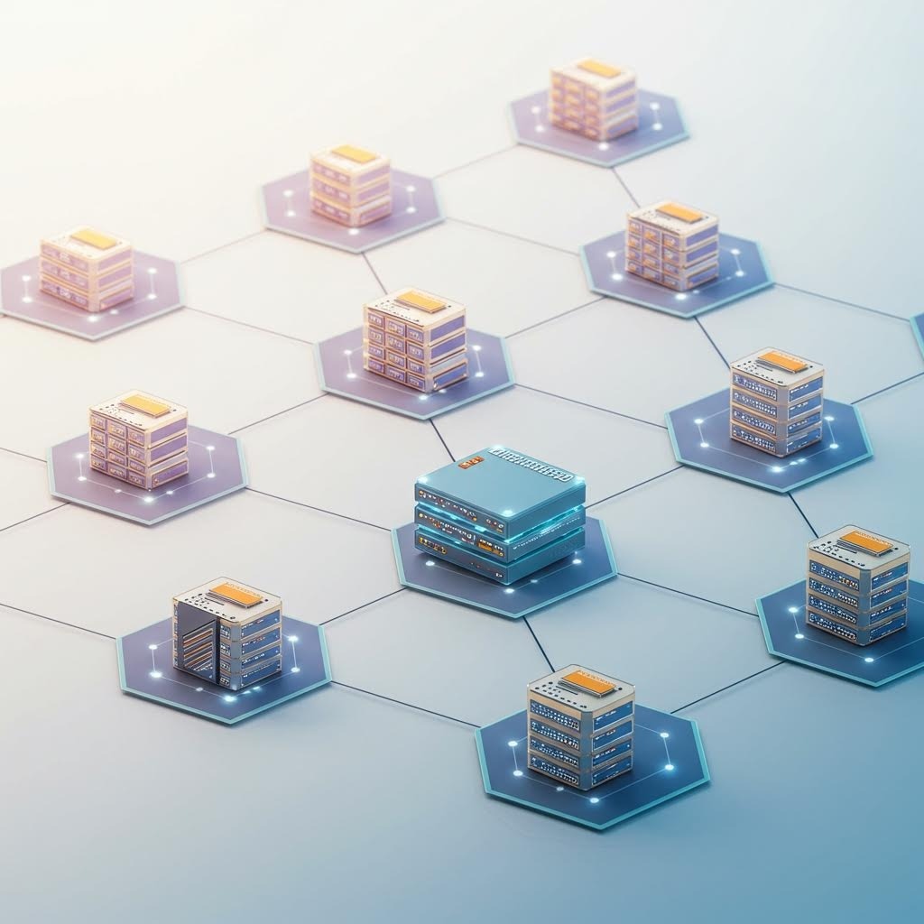 청록색 네온 라인으로 연결된 고층 빌딩 군집, 건물마다 데이터 스트림·아이콘·화살표 투영 – 스마트 시티 네트워크 인프라 비전.