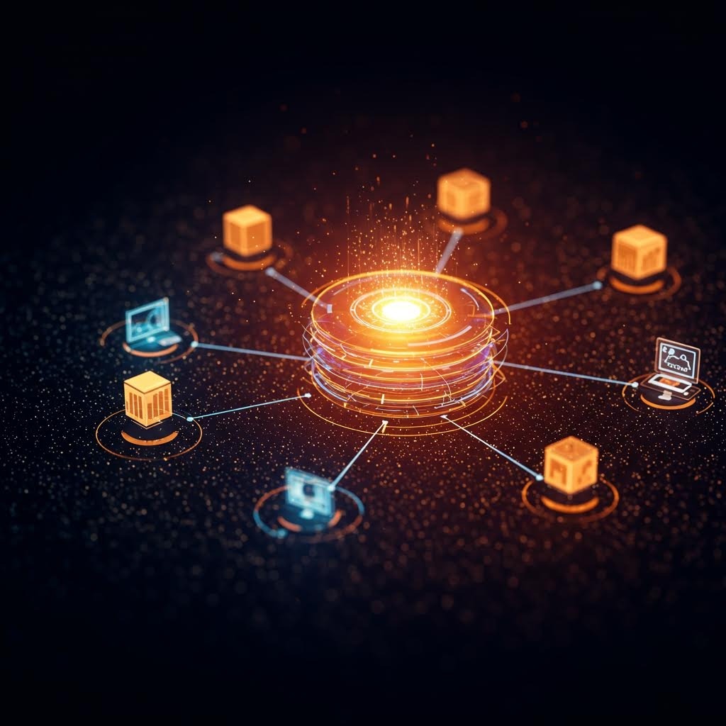 어두운 우주 배경 속 중앙에 빛나는 황금 코어, 주변 6개 오렌지 큐브 서버와 노트북·모니터 아이콘이 청색 선으로 연결된 분산형 네트워크 허브 비전.