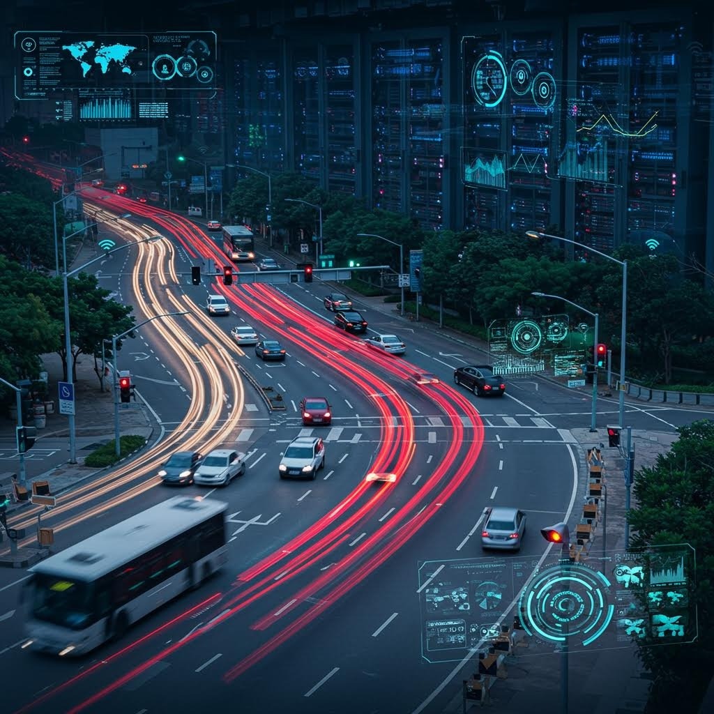 밤 도시 스카이라인 배경, 전경에 LED 깜빡이는 서버 랙 수십 대와 빛나는 네트워크 선 – 대규모 데이터센터 운영 장면.