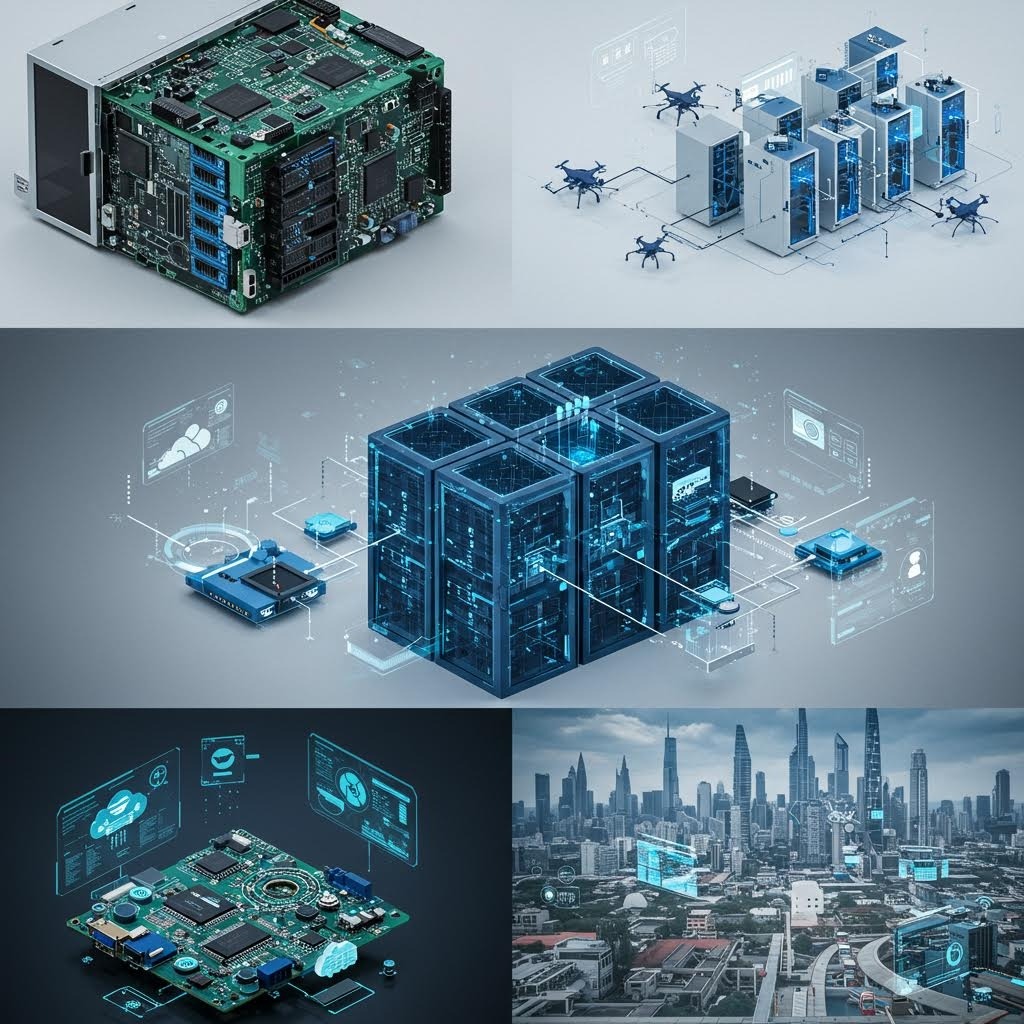 밤 도심 도로 장노출 사진, 차량 불빛 궤적과 공중에 투영된 세계지도·그래프·데이터 대시보드 – 스마트 교통 관리 시스템 비전.