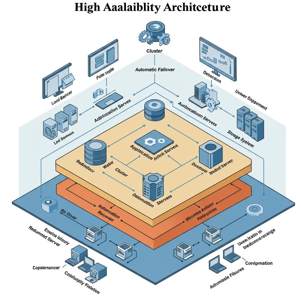 다층 피라미드 구조 다이어그램: 중앙 'Application Match Servers'에서 Load Balancer·Database·Cluster·Failover 등 고가용성 아키텍처 구성 요소 방사형 연결.