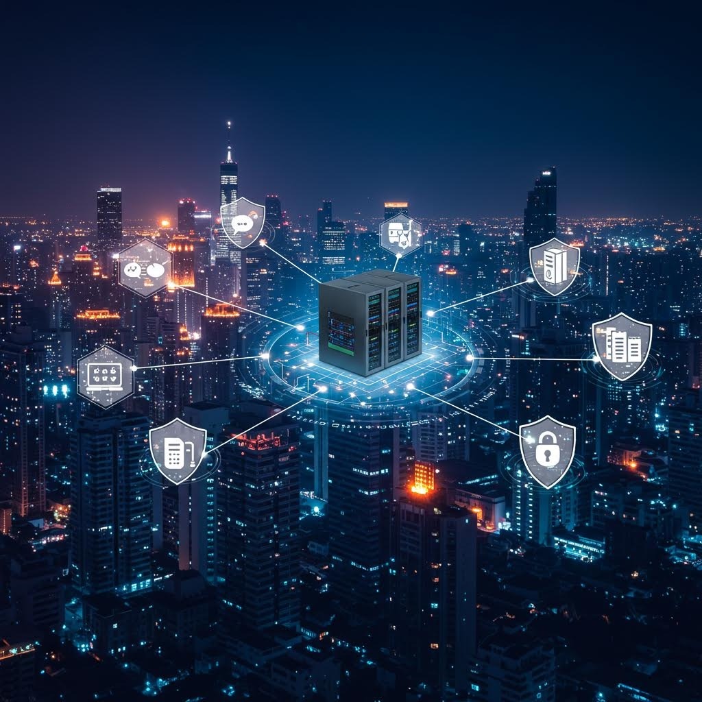 루믹스 클라우드 서버와 보안 아이콘으로 연결된 스마트시티 야경 이미지.