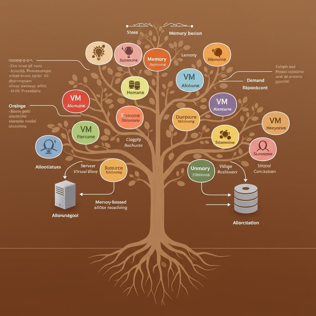 육각형 그리드 위에 미니어처 빌딩 서버 12개, 중앙 청록색 메인 서버와 빛나는 선으로 연결된 분산형 네트워크 아키텍처 일러스트.