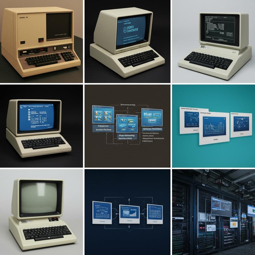 9개 그리드: 1980년대 빈티지 컴퓨터 → 초기 GUI → 네트워크 다이어그램 → 현대 데이터센터까지, 컴퓨팅 기술 진화 타임라인.